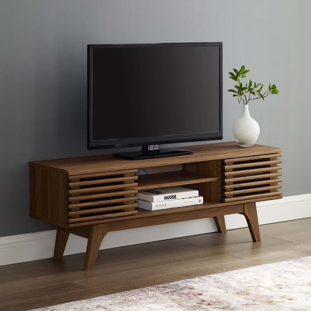 Modway Render Meuble Télé Console Multimédia Profil Bas de Style Mi-Siècle Moderne de 46 Pouces, Fini Noyer, Conçu pour Téléviseurs jusqu'à 50 Pouces. Comprend un Stratifié à grain de Bois Lisse, une construction en Panneau de Particules durable, Deux Portes Coulissantes, des Tablettes Ajustables, des Pieds en Bois Fuselés, et Est Idéal pour les Installations de Meubles de Divertissement.