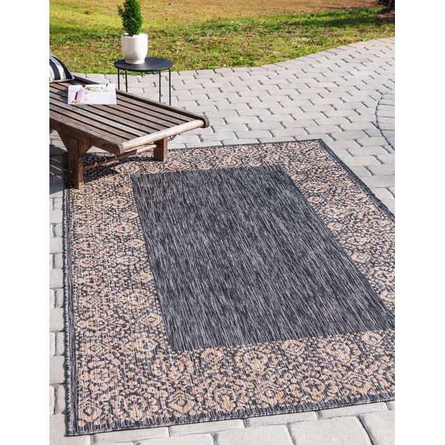 Unique Loom Collection Extérieure Tapis de Transition Intérieur et Extérieur Traditionnel Floral, 7 x 10 Pieds, Gris Anthracite / Beige