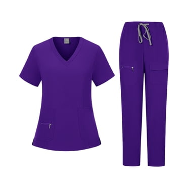 Ktyne Womens Scrubs Sets L Stretchy Nurse Uniform Short Sleeve Scrub & Jogger Pants Solid Color Medical Scrub Sets with Multi Pockets Dark Purple L