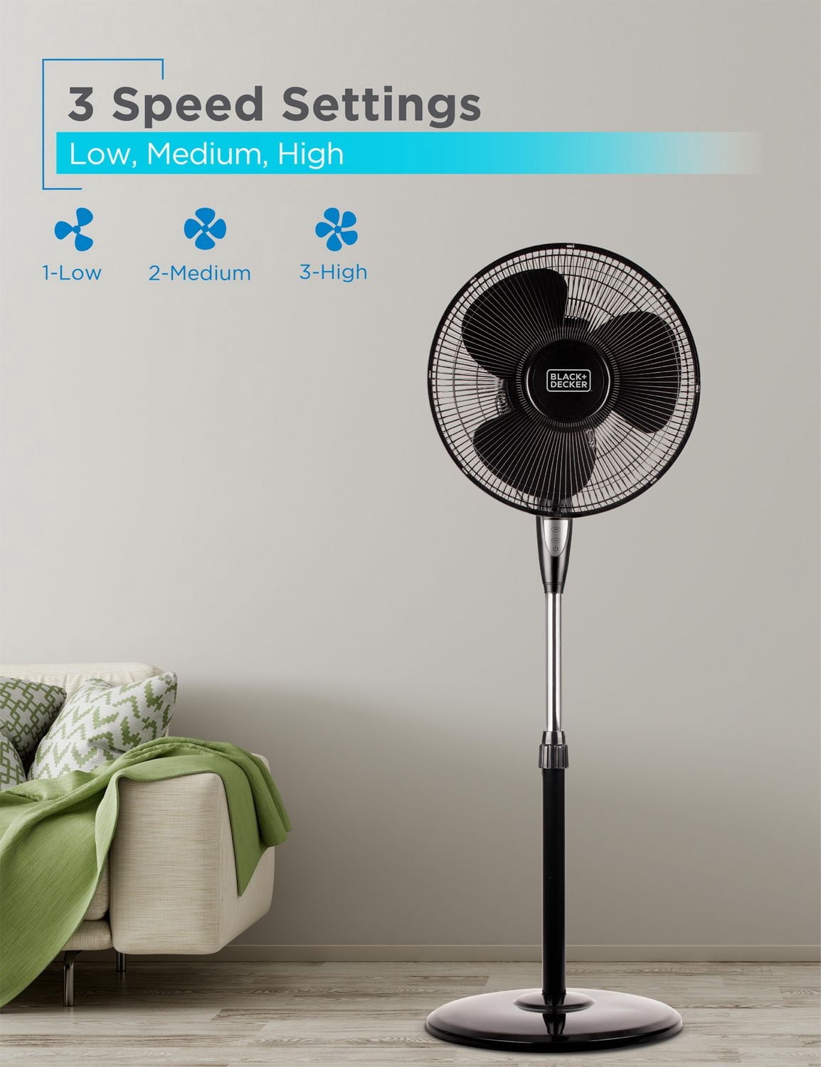 Ventilateur sur pied Black + Decker de 16 po avec télécommande et base ronde, noir