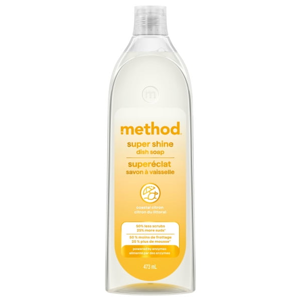 Method Super Shine Dish Soap Coastal Citron in a clear 473 ml bottle with a yellow label featuring bilingual English and French text, highlighting enzyme-powered grease removal, 50% less scrubbing, and 25% more suds for effective dishwashing.