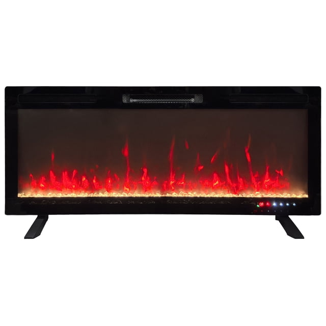 ActiveFlame Mirage 2 Electric Fireplace, 48IN, rectangular black electric fireplace with glowing red flame effects and illuminated crystal ember bed, freestanding on two black legs, featuring control buttons and LED lights on the lower right side, suitable for heating rooms up to 1,000 sq. ft.