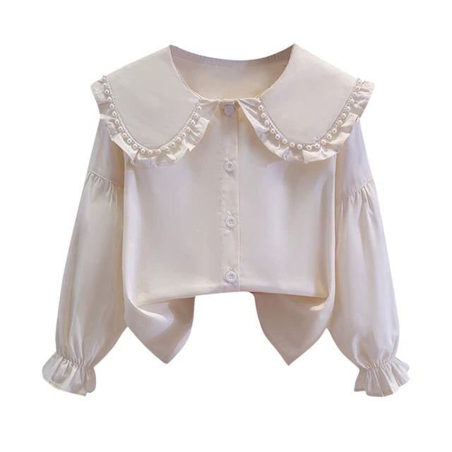 Timegard Girls Clothes 3-14 Years Kids Cute Stand Collar Shirts Lightweight Ruffle Comfy Tops Trendy