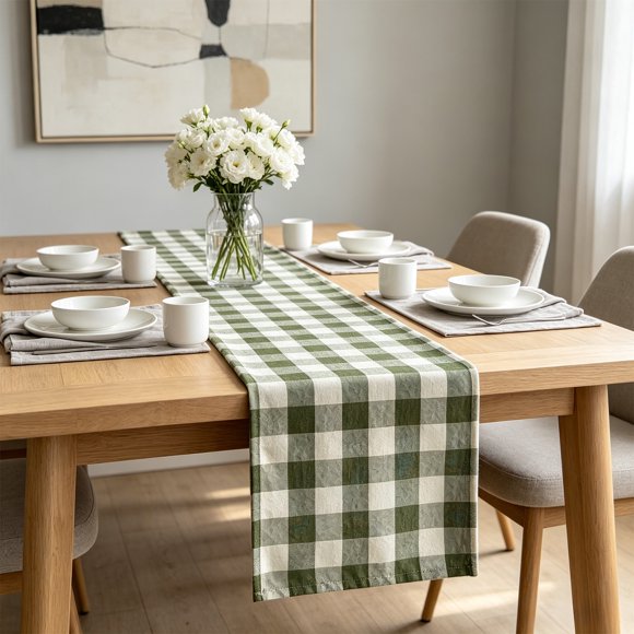 Checkered Tablecloth, 180 x 30 cm Cotton Linen Blend, Indoor Outdoor Dining Table Runner Decoration for Weddings and Parties