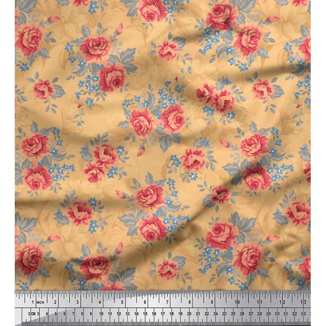 Soimoi Tissu Popeline de Coton Feuilles & Roses Imprimés Floraux au Mètre 56 Pouces de Large