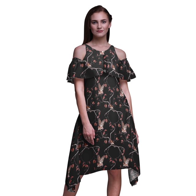 Bimba Black Bird Print Flutter Sleeve Womens Party Tunic Cold Shoulder Midi Dress - XX-Large