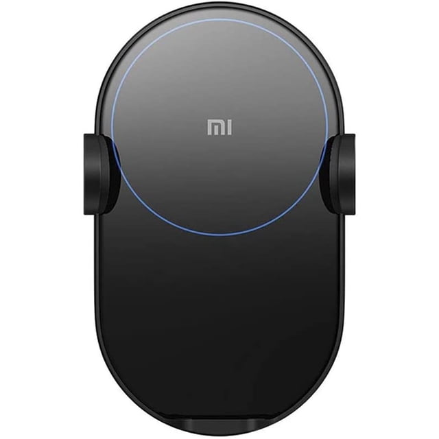 Xiaomi Infrared Sensor Wireless Car Charger with electric auto pinch arms and a blue ring-lit charging panel. Features include a built-in infrared sensor for automatic phone locking, multi-angle adjustment, and double heat dissipation with an independent fan and metal thermal pad. Supports 20W MAX high-power output and multiple protection functions for safe charging. Compatible with iOS, Samsung Galaxy, Huawei, Nokia Lumia, and Xiaomi devices.