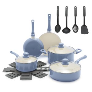 GreenLife 16-Piece Ensemble d'articles de cuisine antiadhésifs Céramique non toxique Ensemble de casseroles et de pots de cuisine saine durable Essentiels de chauffage rapide Prêt facile à nettoyer Lave-vaisselle Sans SPAF-Free Slate Blue