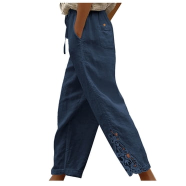Cameland Ladies Pants Womens Casual Fashion Lace Relaxed Drawstring Pocket High Waist Pants Comfortable Cotton Linen Trousers