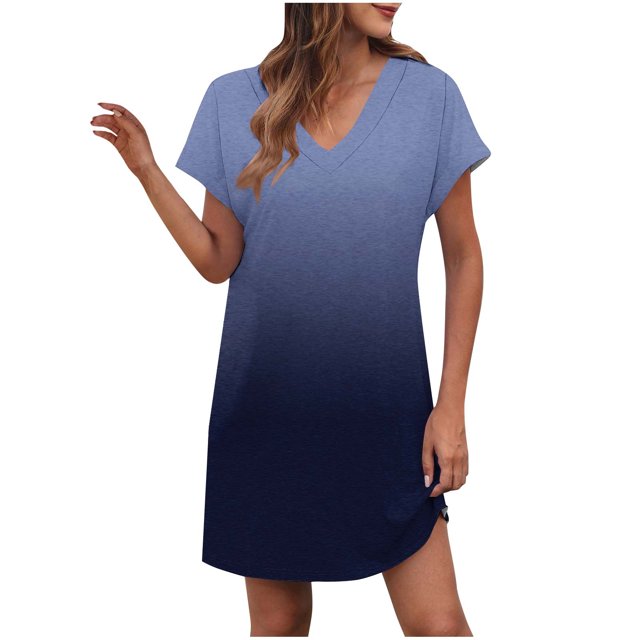LOVZFMLL Robes d'Été pour Femmes T-Shirt Décontracté Ample Robe Droite Col en V Manches Courtes Basique Tenues Quotidiennes Bleu Ciel S