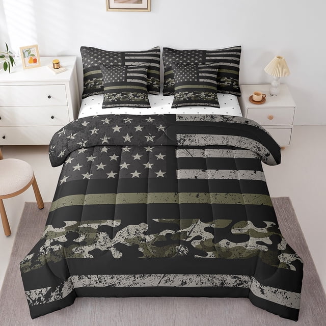 YST Ensemble de Douillette Camouflage à 7 Pcs, Lit Simple – Vert Armée et Noir, Étoiles et Rayures, Polyester, Lit en Sac
