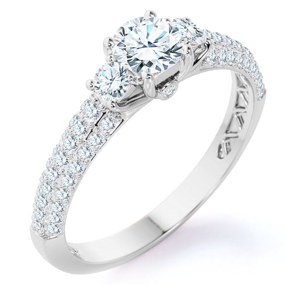 JeenMata 0.75 Carat Round Cut Lab Grown Diamond Classic Three Stones Engagement Ring - Vintage Style Micro Pave Wedding Ring in 18K White Gold Plating for Women