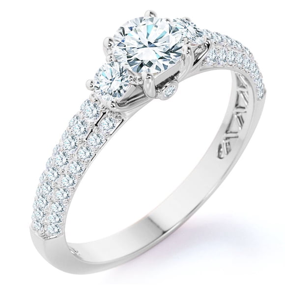 JeenMata 0.75 Carat Round Cut Lab Grown Diamond Classic Three Stones Engagement Ring - Vintage Style Micro Pave Wedding Ring in 18K White Gold Plating for Women