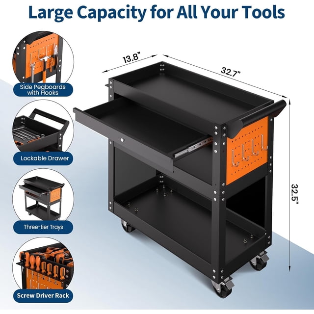 AKDSteel Chariot à Outils Roulant à 4 Niveaux, Chariot d'Outils de Mécanicien sur Roues avec Capacité de 350 Lb, Chariot Utilitaire Robuste avec Tiroir Verrouillable et Panneaux Perforés Latéraux pour Garage Ou Atelier de Réparation