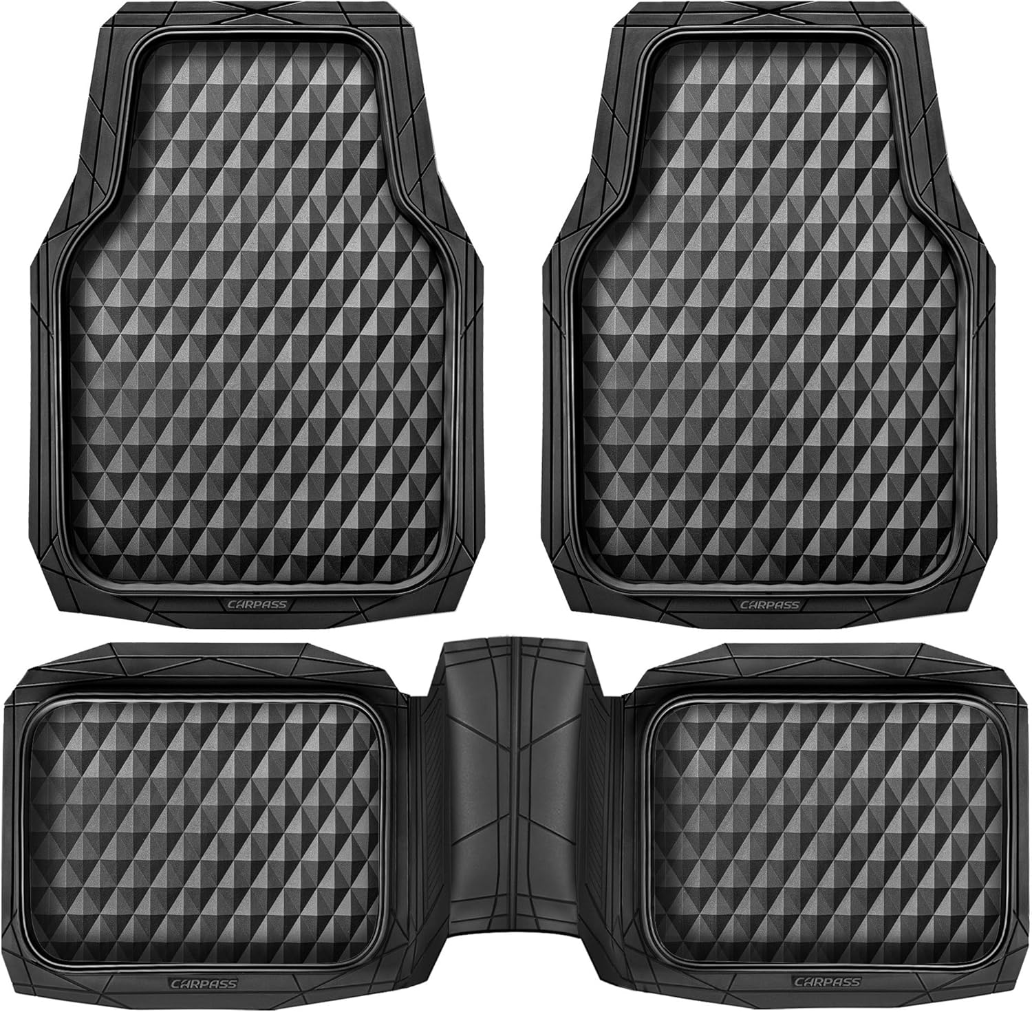 Universal Rubber Car Floor Mats 3-Piece Full Set Heavy Duty All-Weather Deep Dish Liners 3D Rhombus Anti-Slip Waterproof Trim-to-Fit Interior Protection for Cars SUV Truck Black