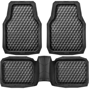 Universal Rubber Car Floor Mats 3-Piece Full Set Heavy Duty All-Weather Deep Dish Liners 3D Rhombus Anti-Slip Waterproof Trim-to-Fit Interior Protection for Cars SUV Truck Black