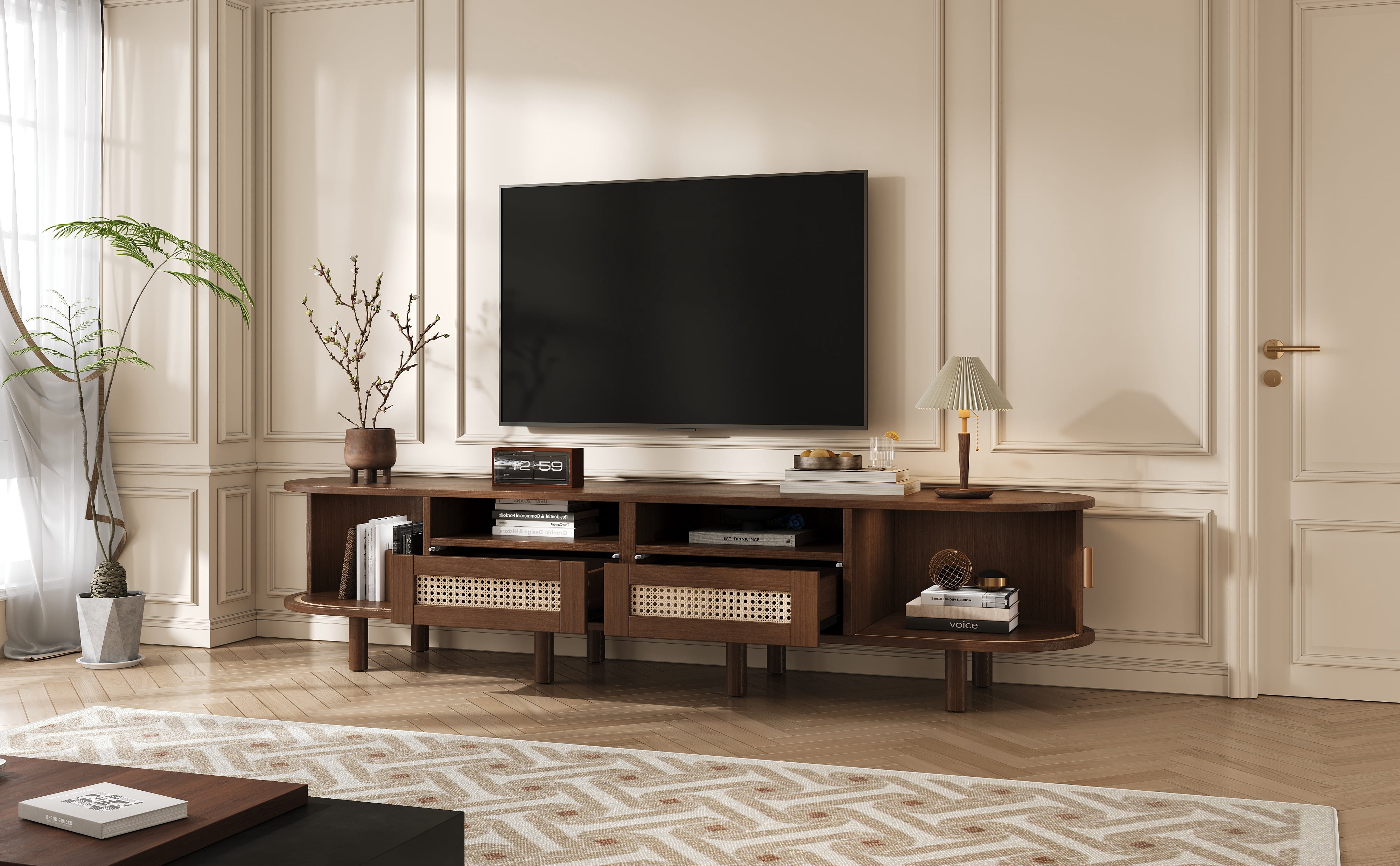 Meuble TV maison Noble 64.9" avec 2 tiroirs en rotin et 2 portes coulissantes, buffet ovale arrondi pour TV 65", noyer