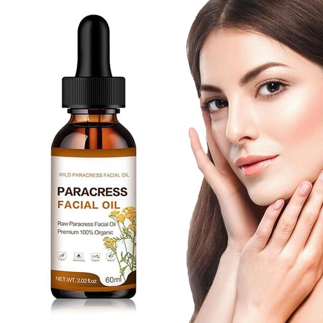 Huile Faciale de Paracress Biologique 100 % Pure de 60 ml dans une Bouteille en Verre Brune avec Bouchon Compte-Gouttes Noir. l'Étiquette Présente le Nom du Produit, « Huile Faciale de Paracress », et Met en Valeur Ses Propriétés Biologiques et Véganes. la Bouteille Est Placée à Côté d'Une image Floue d'Une Personne Qui Touche Leur Visage, Mettant l'Accent sur l'Usage en Soins de la Peau. Cette Huile Faciale Anti-âge Est Conçue pour Raffermir la Peau
