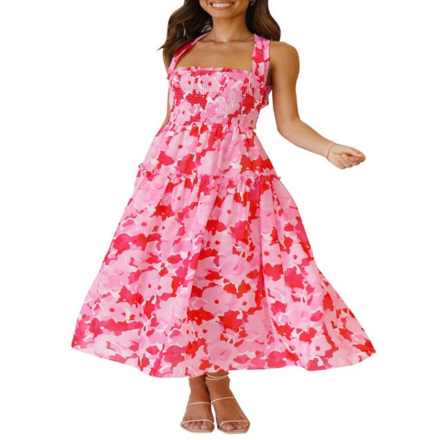 Summer Women Pleated Maxi Dress Solid/Print Ruched Bust Open Back Flowy Maxi Long Dress