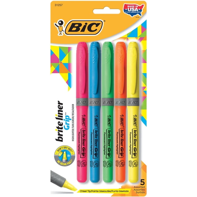 BIC Brite Liner Grip Highlighter, Chisel Tip (1.6 mm), Assorted Colours, 5 pack Five BIC highlighters with textured grip and 1.6 mm chisel tips in yellow, pink, blue, green and orange; fluorescent translucent ink for broad highlighting or fine underlining, often used for colour-coding notes or adding accents to art.