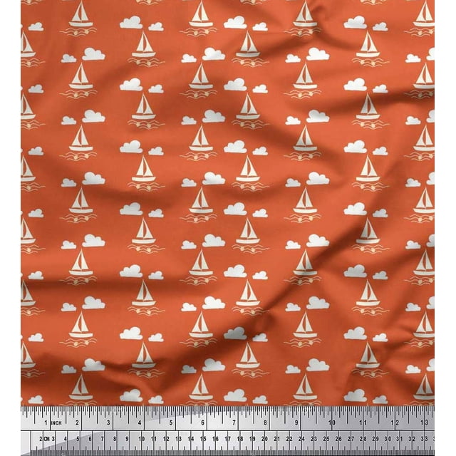 Soimoi Poly Georgette Fabric Cloud,Fish & Yacht Nautical Fabric Prints by Yard 52 Inch Wide