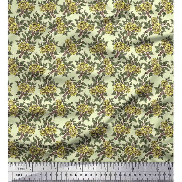 Soimoi Moss Georgette Fabric Leaves & Floral Block Printed Craft Fabric by The Yard 42 Inch Wide