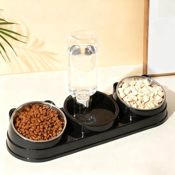 Triple Cat Bowls Feeder Set with 15° Raised Dishes for Cats and Small Water Dispenser Food Bowls for Indoor Use