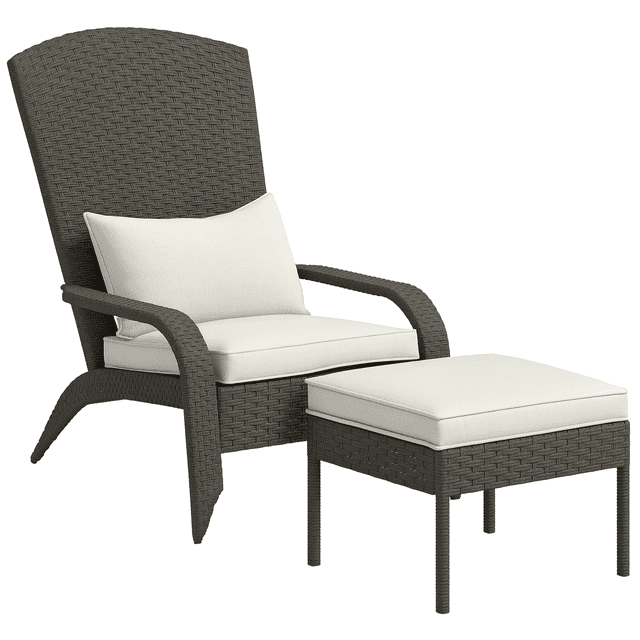 Outsunny Adirondack Chair en Osier avec Ottoman Doté d'Un Cadre en Acier Enveloppé de Rotin PE Tissé à la Main, de Coussins Blanc Crème et d'Un Dossier Courbé. Comprend de Larges Accoudoirs et un Repose-Pieds Assorti pour un Confort Accru. Conception Résistante aux Intempéries Convenant aux Sièges de patio Extérieur Ou à la Détente au Bord de la Piscine.