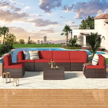 YODOLLA Ensemble de Mobilier de Patio 7 Pcs, Canapé Sectionnel d'Extérieur en Rotin Osier Brun avec Table, Ensemble de Conversation pour Pelouse et Cour Arrière en Rouge