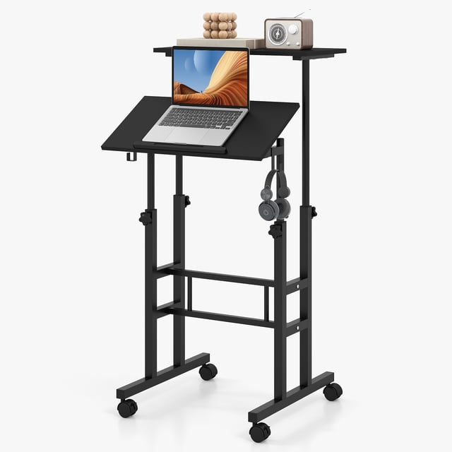 Giantex Bureau Debout Mobile, Bureau Réglable en Hauteur Assis-Debout, Bureau Portable pour Ordinateur Portable, Poste de Travail Informatique à 2 Niveaux pour Bureau à Domicile, Noir