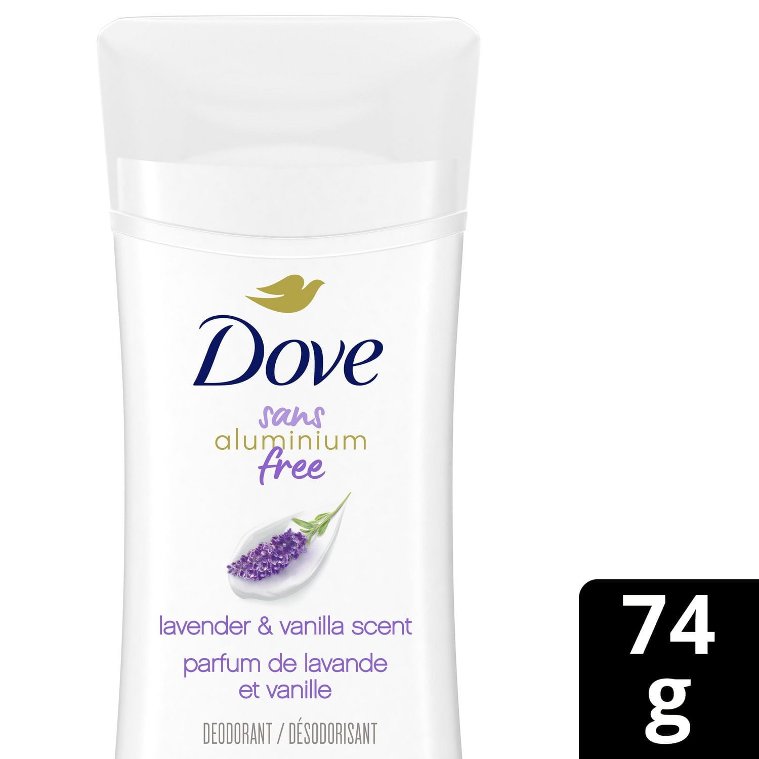 Déodorant pour femmes avec 1/4 d'hydratants Dove sans aluminium parfum lavande et vanille pour des aisselles douces et confortables