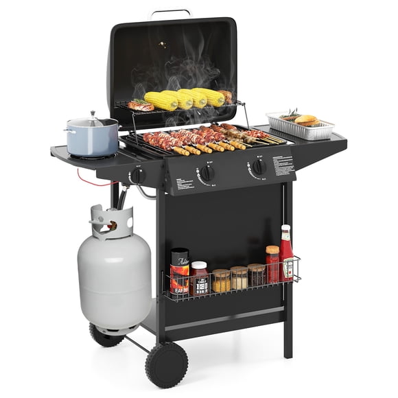 Gymax Gril de Cuisson Extérieur 30000 BTU avec Tablettes de Rangement et Grilles Émaillées en Porcelaine