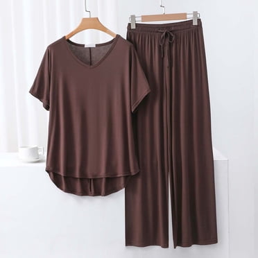 TACILIP Ensembles 2 Pcs pour Femmes Ensembles de Détente d'Été Tenues T-Shirt à Manches Longues à Col en V Hauts Pantalons à Jambes Larges Pyjamas pour Femmes Ensemble