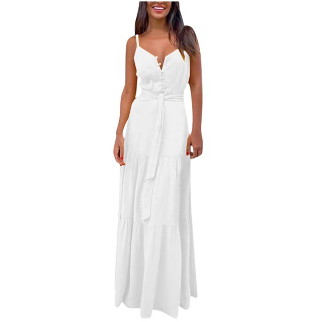 Bigersell Robes de Mariage pour Femmes Mariée Mode Femmes Été Bohème Sans Manches à Bretelles Col en V Bandage Fête Plage Robe Femmes Coupe Évasée Style 32633, Robes Femme Longueur Genou Blanc TG