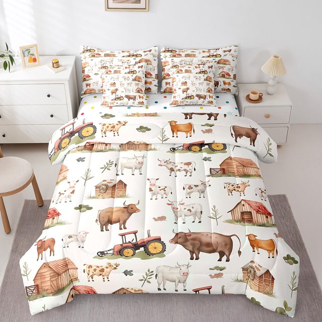 Ensemble de Literie Mignon avec Vache de Dessin Animé, Format Simple pour Enfants, Ensembles de Literie Camions de Ferme, Pois Réversible, 7 Pcs