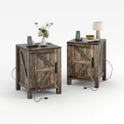 Rustic Dark Brown Nightstand with USB – Sliding Barn Door Bedside Table, 18" Spacious Top & Adjustable Shelf, Charging Station End Table for Bedroom & Living Room