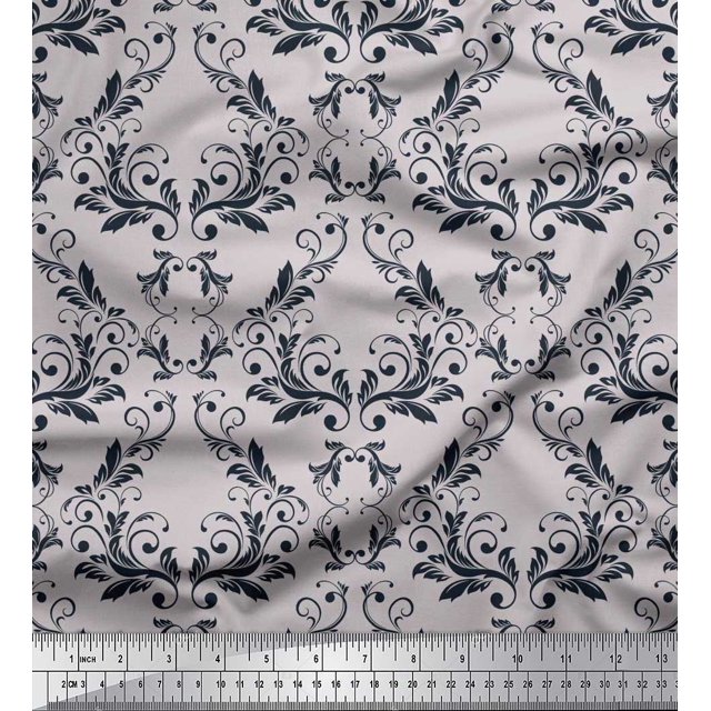 Soimoi Grey Cotton Cambric Fabric Filigree Damask Decor Fabric Printed Yard 56 Inch Wide