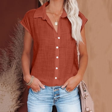 Button Down Shirts For Women,Fashion Women New Style Cotton Linen Solid Color Shirts V Neck Short Sleeve Blouses Summer Casual Ladies Tops