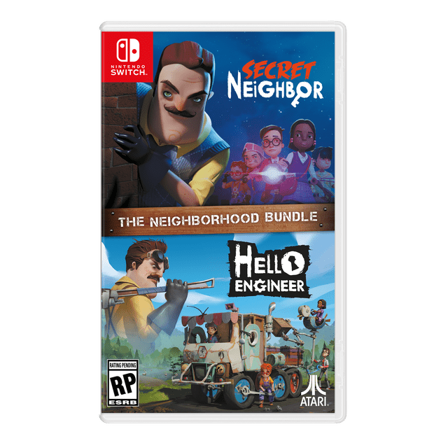 Secret Neighbor + Hello Engineer – The Neighborhood Bundle Nintendo Switch game case featuring two game scenes: the top shows a character in black gloves peeking from a brick wall with children holding flashlights under a night sky, and the bottom shows a character with a wrench near a custom-built vehicle with characters in a bright outdoor setting, including Nintendo Switch and Atari logos.