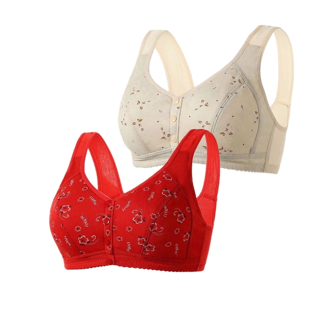AherBiu 2pc Plus Size Bras for Women High Support Wireless Floral Bralettes Lift up Front Closure Button Everyday Bra