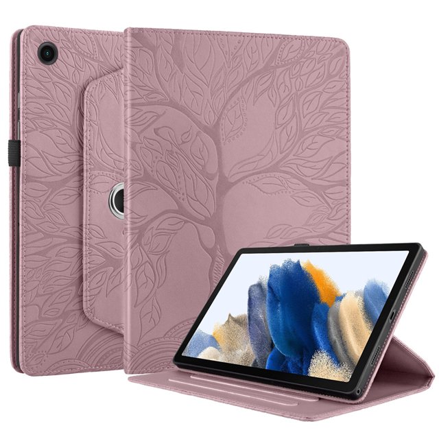 Étui Rotatif à 360 pour Samsung Galaxy Tab A9 et A9+ en Or rose, avec Motif d'Arbre Embossé. Cet Étui de Protection Est compatible avec les Modèles de 8,7 Pouces et 11 Pouces de 2023. Fabriqué en Cuir PU et TPU, Offre des Caractéristiques Antichoc, Résistance aux Chutes et Anti-Poussière. Comprend un Support et une Pochette pour Carte pour une Fonctionnalité Accrue.
