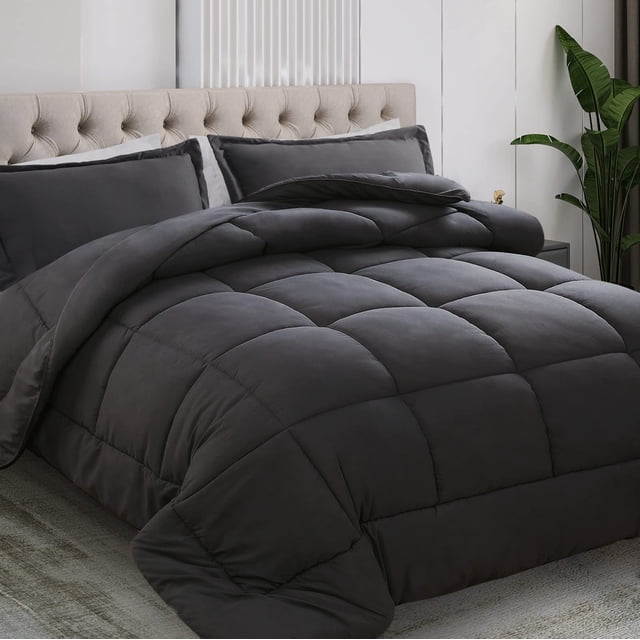 All Season Queen Size Comforter Set 3 PCs, Premium 350GSM Soft Quilted Down Alternative Comforter+2 Pillow Shams with Corner Tabs-Machine Washable Da