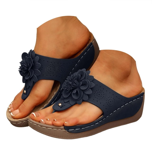 IUJSOY Orthopedic Sandals for Women Boho Flower Platform Flip Flops Wedges Comfortable Walking Shoes