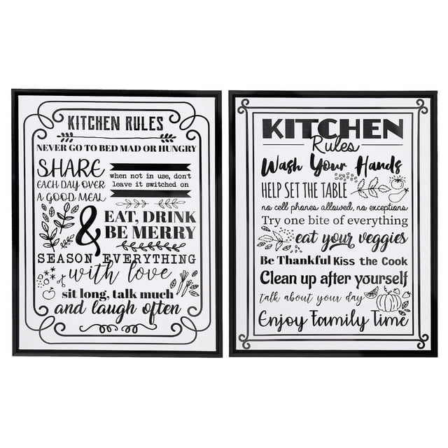 Panneau Mural en Toile (Règles de Cuisine) (16 X 20) (Assortis) - Ensemble de 2 Oeuvres Murales de Cuisine Noir et Blanc sur Toile Comprenant des Citations Encadrées de Cuisine comme « Ne Jamais Aller au Lit Fâché Ou Affamé », « Partagez Chaque Jour un Bon Repas », « Mangez, Buvez et Soyez Joyeux », « Lave Vos Mains » et « Profitez des Moments en Famille. » Idéal pour la Décoration de Cuisine afin de Créer une Atmosphère Chaleureuse et Invitante.