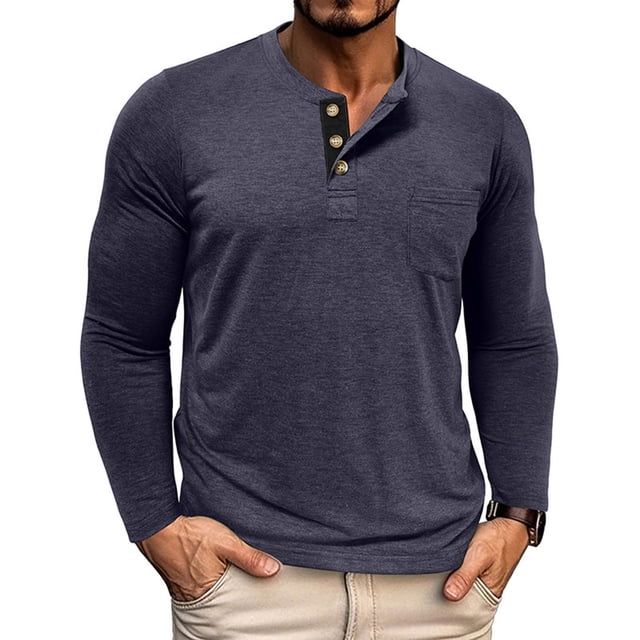 Yusimy Chandail Henley pour Homme à Manches Longues, Col Rond, Boutonné, Couleur Unie, avec Poche, Mode Décontractée