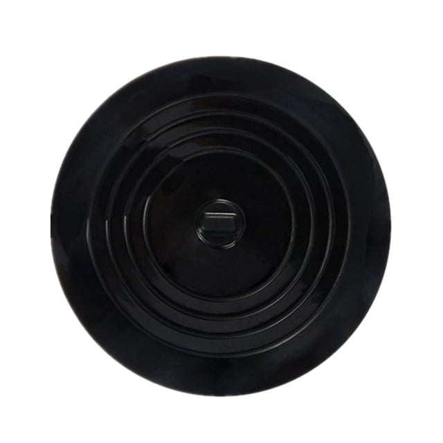 Tub Stopper Bathtub Stopper Plug Sinks Hair Stopper Flat Cover in a black finish, featuring a flat contoured base with tapered edges for effective water pressure sealing. The stopper has a 6-inch (15 cm) diameter and is designed for use in kitchens, bathrooms, and laundry areas. Made of durable material, it is soft enough to adhere to surfaces and easy to clean.