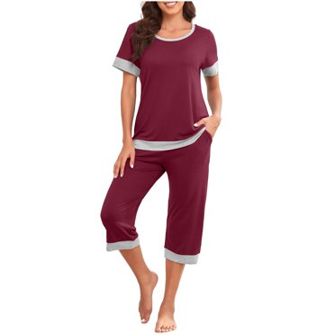 Mikilon Pyjama Décontracté pour Femmes, Ensemble de Sommeil Décontracté Ample Uni à Col Rond, Manches Courtes, 7 Pantalons, Ensemble pour la Maison, Pantalon de Pyjama, Funky, Confortable, Haut/chemise à Manches Courtes à Col Rond, Rouge, TP