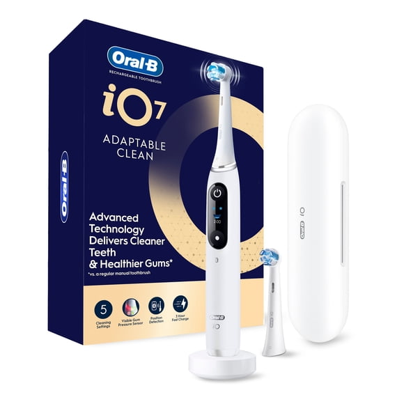 Oral-B Rechargeable Electric Toothbrush, iO7 Adaptable Clean, 5 Cleaning Modes, Visual Pressure Sensor to Protect Gums, Charging Travel Case, 2 Brush Heads, White