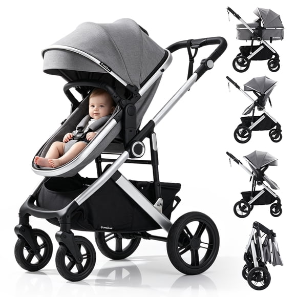 IMLoved BabyGo Poussette pour Bébé 4-en-1 Convertible, Nouveau-Né à Tout-Petit, Siège Réversible pour Parent et Orientation vers le Monde, Roues en PU Tout-Terrain, Suspension à 4 Roues, Cadre en Aluminium Pliable, Gris