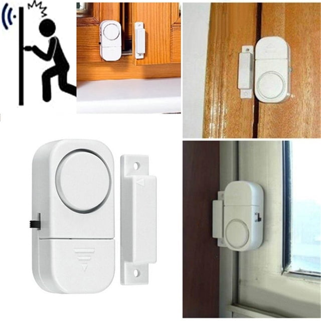 Cagogo under $5 Wireless Door Window Alarm with a white plastic body, magnetic sensor, and adhesive backing for simple installation. The system includes a main speaker unit and a magnetic stick, shown attached to doors and windows in various home and office settings. Emits a 90 dB alarm to detect unauthorized entry, suitable for homes, apartments, offices, and garages.